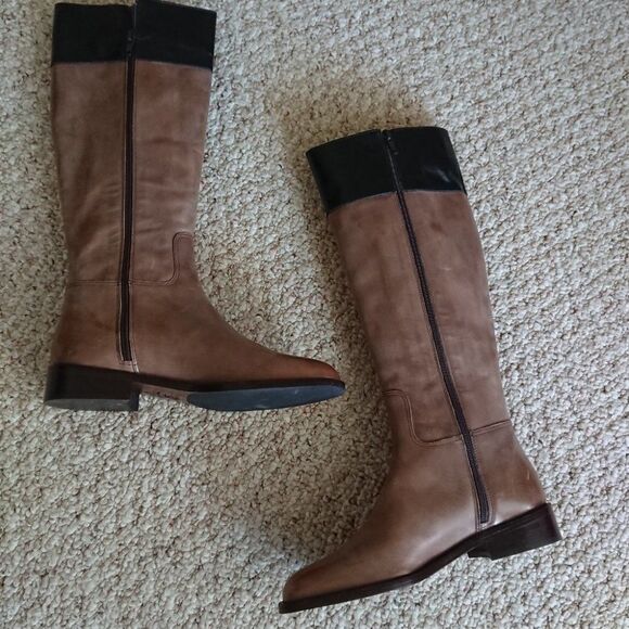 Saks Fifth Avenue Italy Taupe Brown Black Leather Knee High Riding boots sz 6 - Picture 2 of 12